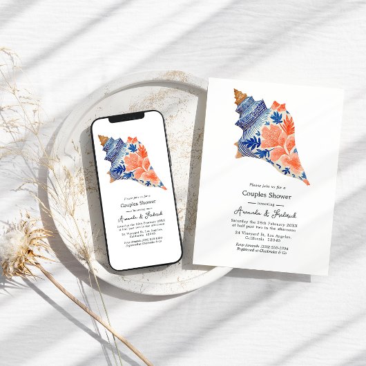 Invitation Coral & Navy Seashell Coastal Beach Couples Shower