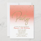 Invitation Coral & Or Moderne Glam Confetti fête d'anniversai (Devant)