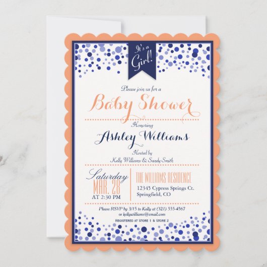 Invitation Coral Orange, Blanc & Baby shower bleu marine (Devant)