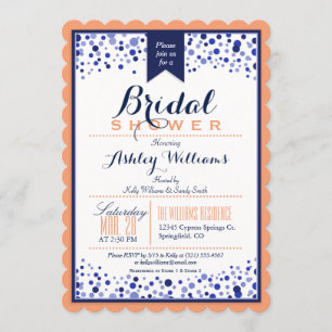Invitation Coral Orange, Blanc & Fête des mariées Bleue Marin