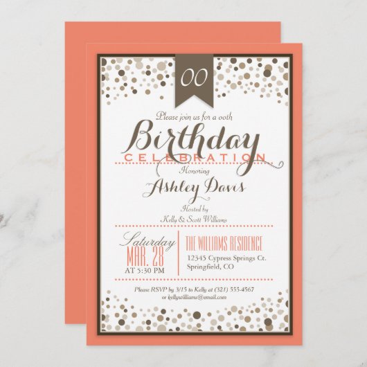 Invitation Coral Orange, Blanc & Taupe fête d'anniversaire mo (Devant / Derrière)