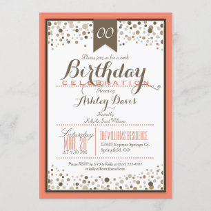 Invitation Coral Orange, Blanc & Taupe fête d'anniversaire mo