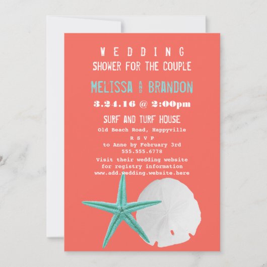 Invitation Coral Orange et Blue Beach Shells Wedding shower (Devant)