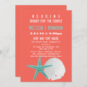 Invitation Coral Orange et Blue Beach Shells Wedding shower (Devant / Derrière)