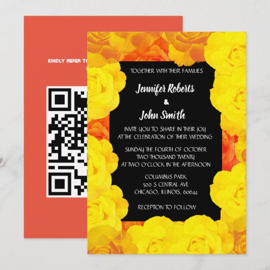 Invitation Coral Orange Jaune Floral Noir Code QR Mariage (Devant / Derrière)