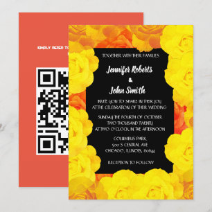 Invitation Coral Orange Jaune Floral Noir Code QR Mariage