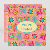 Invitation Coral Orange Jaune Patchwork Quilot Bloc Art (Devant / Derrière)