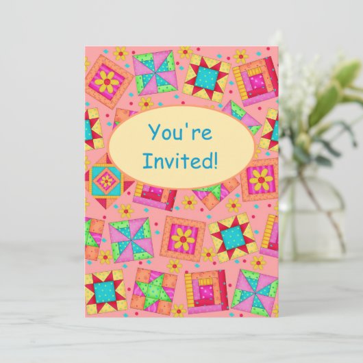 Invitation Coral Orange Patchwork Quilt Block Art (Debout devant)