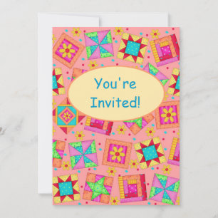 Invitation Coral Orange Patchwork Quilt Block Art