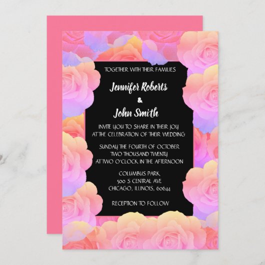 Invitation Coral Orange rose noir Floral Code QR Mariage (Devant / Derrière)