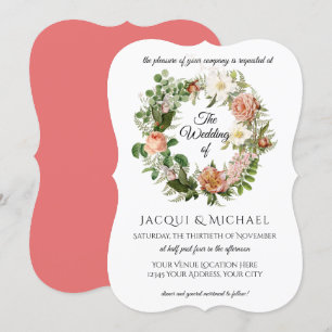 Invitation Coral Peach Blush Ivor Rose w Fern Wreath Mariage