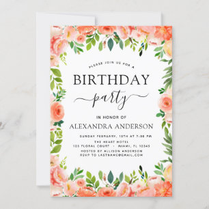 Invitation Coral Peach Floral fête d'anniversaire