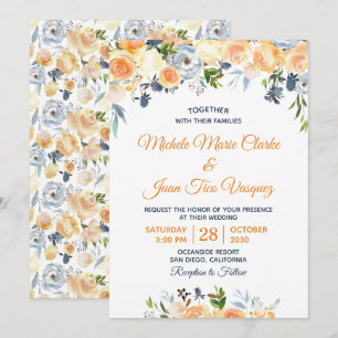 Invitation Coral Peach Marine Aquarelle bleu Mariage floral