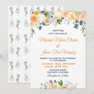 Invitation Coral Peach Marine Aquarelle bleu Mariage floral