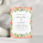 Invitation Coral Peach Photo Floral Greenery Mariage