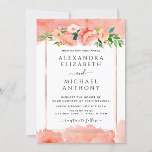 Invitation Coral Peach Photo Floral Mariage géométrique