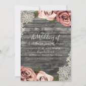 Invitation Coral Pêche Rose Gris Rustique Mariage dentelle en (Devant)