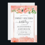 Invitation Coral Pêche Sweet sixteen floral 16 Anniversaire<br><div class="desc">Géométrique or rose avec Corail,  Pêche et blanc Floral et Eucalyptus Vert Botanique Printemps ou Eté Pastel Sweet sixteen (16e) Anniversaire Fête Invitations - comprend une belle et élégante typographie script avec des fleurs botaniques modernes et la verdure pour la célébration spéciale Anniversaire.</div>