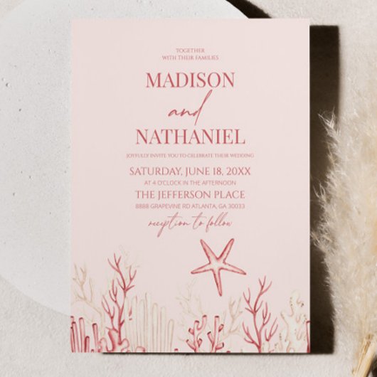 Invitation Coral Pink Sea Shell Ocean Beach Mariage