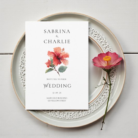 Invitation Coral Red Hibiscus Floral Tropical Wedding