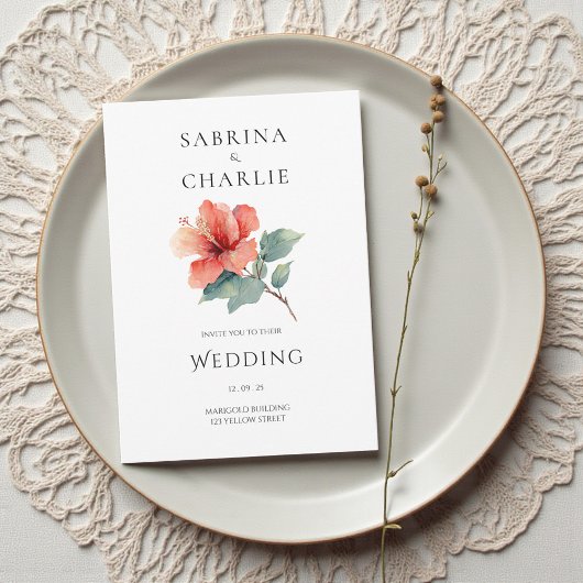 Invitation Coral Red Hibiscus Floral Tropical Wedding