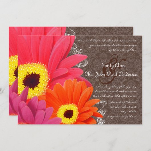 Invitation Coral romantique & Fuchsia Gerber Daisy Mariage (Devant / Derrière)