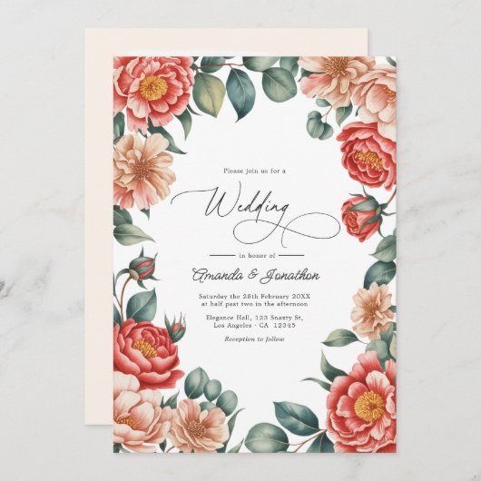 Invitation Coral Rose, Apricot Blush, and Soft Mint Wedding (Devant / Derrière)