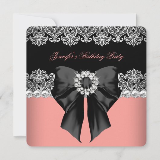 Invitation Coral rose diamant dentelle corail fête d'annivers (Devant)