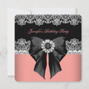Invitation Coral rose diamant dentelle corail fête d'annivers