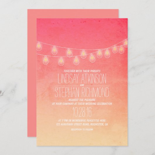 Invitation Coral rose Élégant String Lumières Mariage Invite (Devant / Derrière)