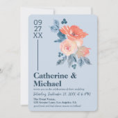 Invitation Coral rose et bleu azur Mariage floral (Devant)
