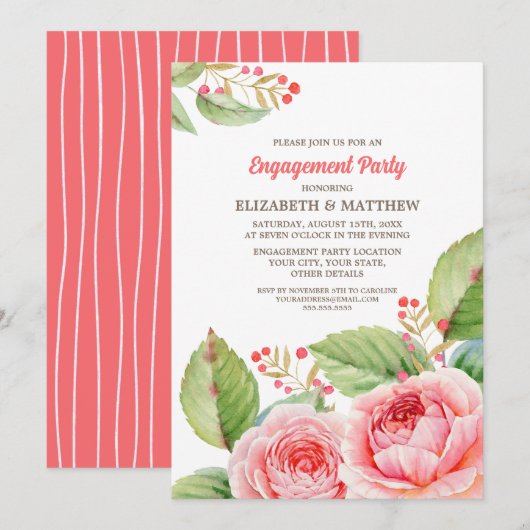 Invitation Coral rose Floral (Devant / Derrière)