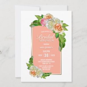 Invitation Coral Rose Floral Gold Fête des mariées frontière