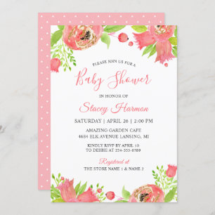 Invitation Coral rose Floral Jardin Baby shower d'aquarelle