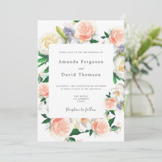 Invitation Coral rose florales script mariage (Debout devant)