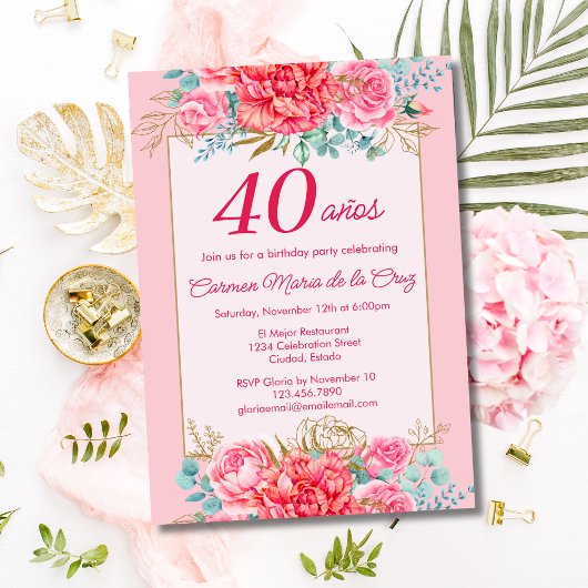 Invitation Coral rose Florals Espagnol 40e fête d'anniversair