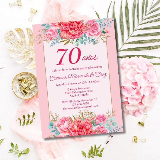 Invitation Coral rose Florals Espagnol 70ème anniversaire