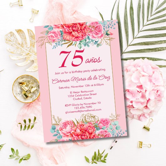 Invitation Coral rose Florals Espagnol 75ème anniversaire