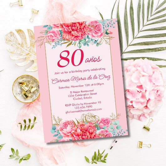 Invitation Coral rose Florals Espagnol 80e fête d'anniversair
