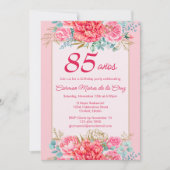 Invitation Coral rose Florals Espagnol 85ème anniversaire (Devant)