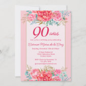 Invitation Coral rose Florals Espagnol 90e fête d'anniversair (Devant)
