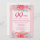 Invitation Coral rose Florals Espagnol 99e fête d'anniversair (Devant)