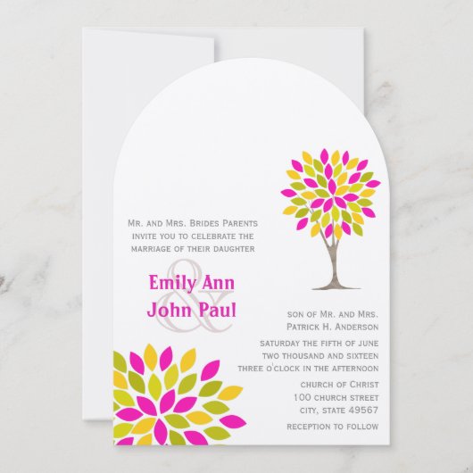 Invitation Coral rose jaune vert vert moderne arbre Mariage (Devant)