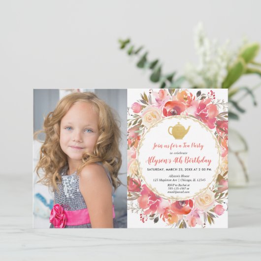 Invitation Coral rose pâle Fleur de thé fête d'anniversaire (Debout devant)