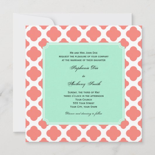 Invitation Coral rose Quatrefoil et Mariage vert à la menthe (Devant)