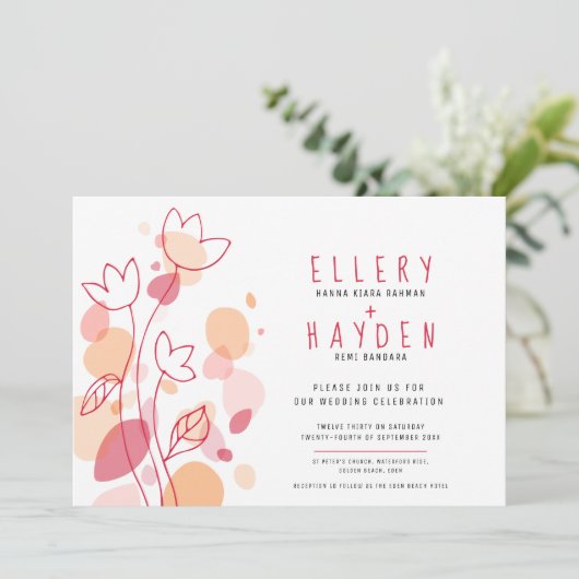 Invitation Coral rouge fleur graphique confetti pétales maria (Debout devant)