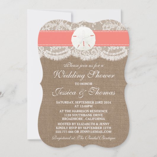 Invitation Coral Sand Dollar Plage Mariage Douche (Devant)