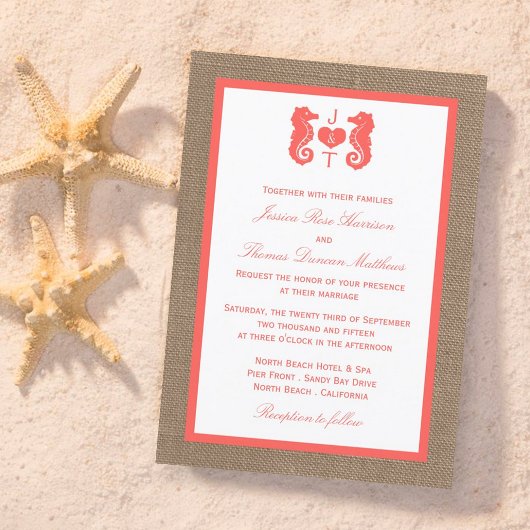 Invitation Coral Seahorse Burlap Beach Wedding Collection