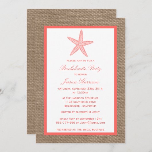 Invitation Coral Starfish Beach Burlap Bachelorette Party (Devant / Derrière)
