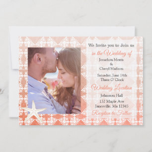 Invitation Coral Starfish Damask Beach Photo Wedding Invite